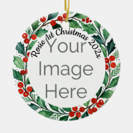 custom photo Christmas holly  ceramic ornament