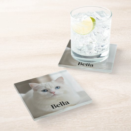Custom photo coaster with snow white cat glasuntersetzer (Schrägansicht)