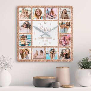 Custom Photo Collage Besties Rose Gold Glitter Quadratische Wanduhr