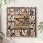 Custom Photo Collage Family Rustic Wooden Barrel Quadratische Wanduhr<br><div class="desc">Easily personalize this rustic wooden barrel background wall clock with your custom photos. The template uses a photo filter to create a more coordinated look. For best results,  crop the images to square - with the focus point in the center - before uploading.</div>