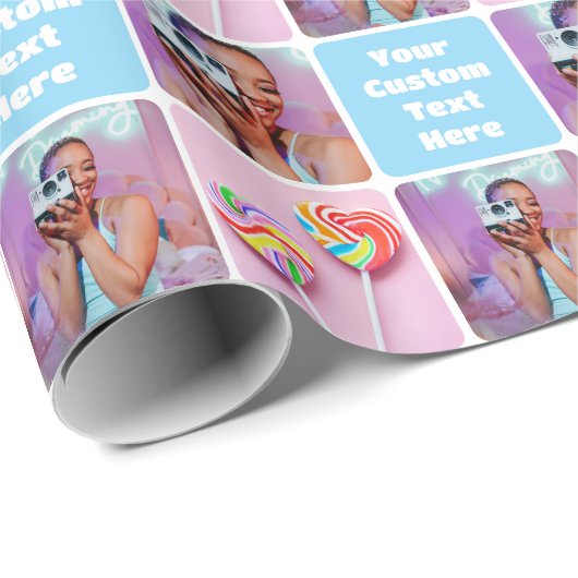 Custom Photo Collage Modern Retro Blue Pattern Geschenkpapier (Rolleneckpunkt)