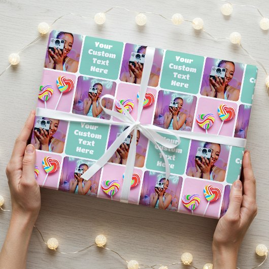 Custom Photo Collage Modern Retro Green Pattern Geschenkpapier