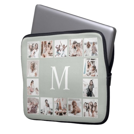 Custom Photo Collage Personalized Sage Green Laptopschutzhülle (Vorderseite Links)