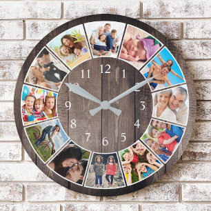 Custom Photo Collage Rustic Farmhouse Family Runde Wanduhr