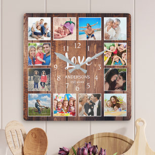 Custom Photo Collage Rustic Farmhouse Love Family Quadratische Wanduhr
