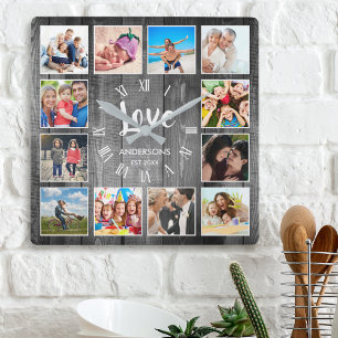 Custom Photo Collage Rustic Farmhouse Love Family Quadratische Wanduhr