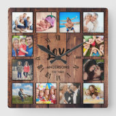 Custom Photo Collage Rustic Farmhouse Love Family Quadratische Wanduhr (Vorderseite)