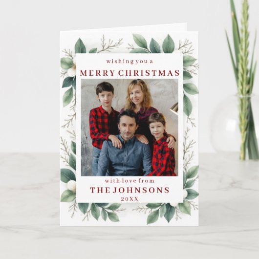 Custom Photo Elegant Winter Greenery Frame Karte (Vorderseite)