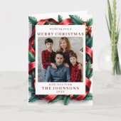 Custom Photo Festive Ribbon Bow Frame Greeting Karte (Vorderseite)