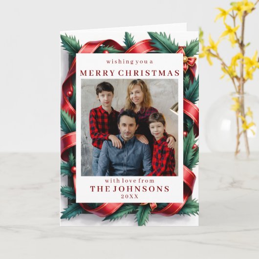 Custom Photo Festive Ribbon Bow Frame Greeting Karte (Gelbe Blume)