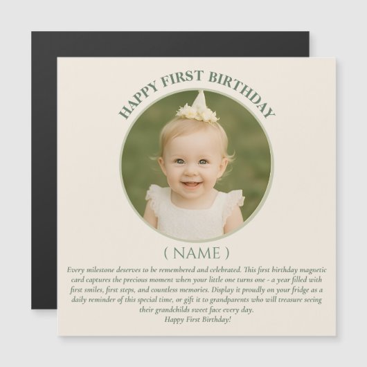 Custom Photo First Birthday Sage Green Thin Magnet (Vorne/Hinten)