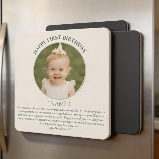Custom Photo First Birthday Sage Green Thin Magnet