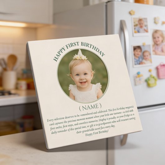 Custom Photo First Birthday Sage Green Thin Magnet