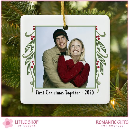 Custom Photo First Christmas Together Mistletoe Keramikornament