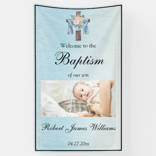 Custom Photo Floral Christening Baptism Welcome Banner (Vertikal)