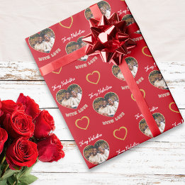 Custom Photo Hearts Pattern Red Gold Valentine Geschenkpapier