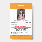 Custom Photo ID Badge for Kids with Emergency Cont Ausweis (Vorderseite)