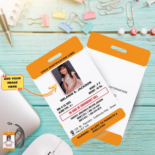 Custom Photo ID Badge for Kids with Emergency Cont Ausweis