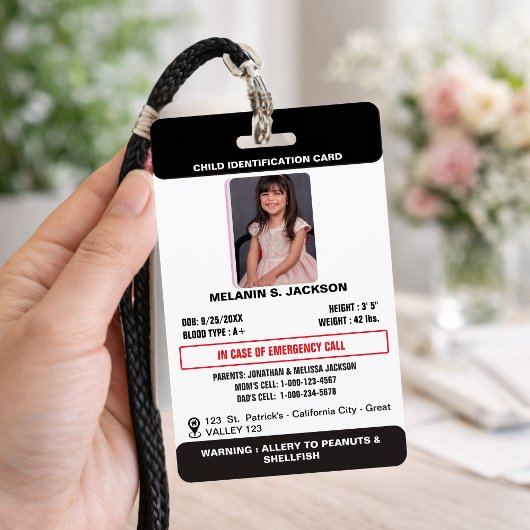Custom Photo ID Badge for Kids with Emergency Cont Ausweis