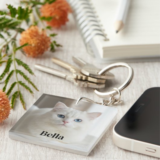 Custom photo keychain with cute white kitty cat schlüsselanhänger (Vorderseite rechts)