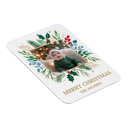 Custom Photo Merry Christmas Watercolor Botanical Magnet (Rechte Seite)