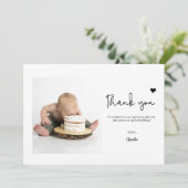 Custom Photo Modern heart First Birthday Dankeskarte (Stehend Vorderseite)