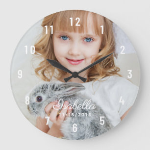 Custom Photo Name Birth Date White Large Clock Große Wanduhr