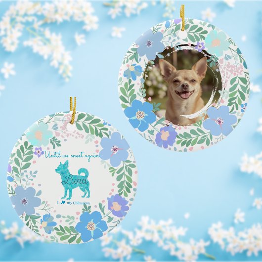 Custom Photo Pastel Blue Chihuahua & Floral Keramik Ornament