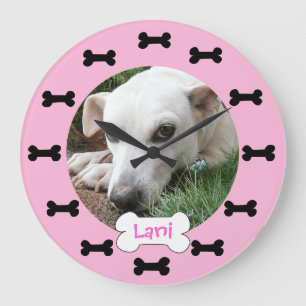 Custom Photo Pink and Black Dog Bones Personalized Große Wanduhr
