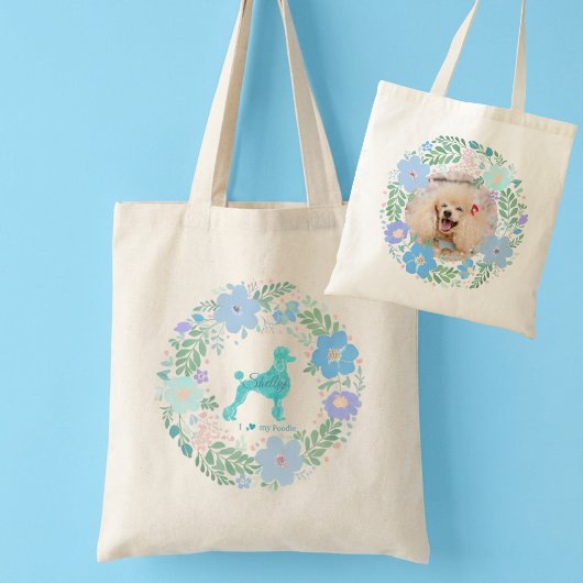 Custom Photo Poodle Tote – Pastel Blue Floral Tragetasche