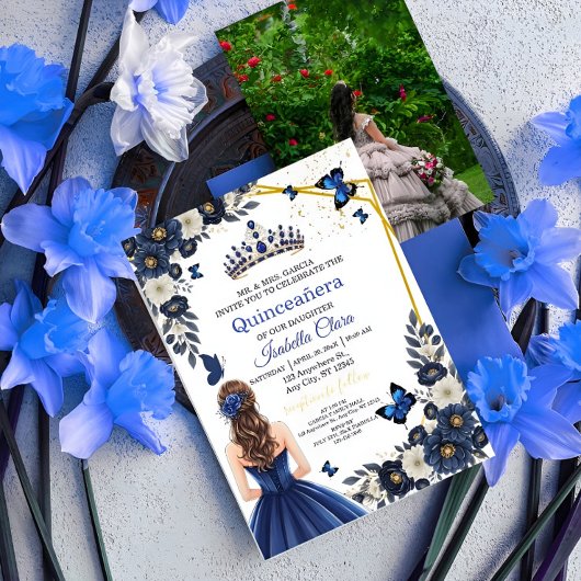 Custom Photo Royal Blue Quinceañera Invite Einladung