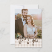 Custom Photo Rustic Beige Gingham And Hare Wedding Dankeskarte (Vorderseite)