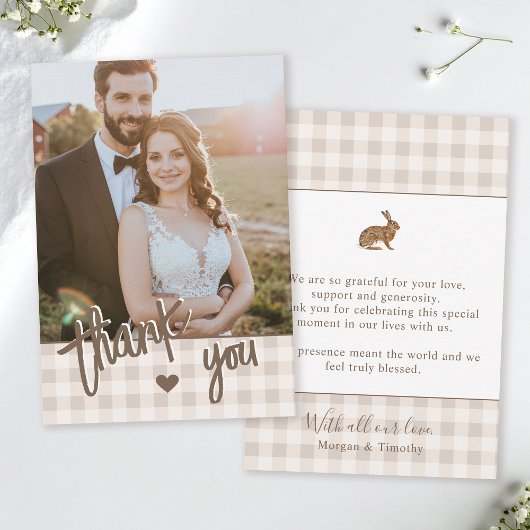 Custom Photo Rustic Beige Gingham And Hare Wedding Dankeskarte