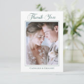 Custom Photo Sage Green Floral Wedding Calligraphy Dankeskarte (Stehend Vorderseite)