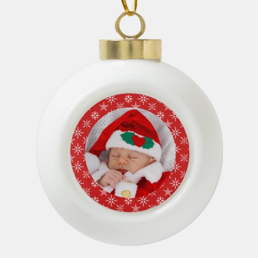 Custom Photo Santa Baby Red Background Snowflakes Keramik Kugel-Ornament (Vorderseite)