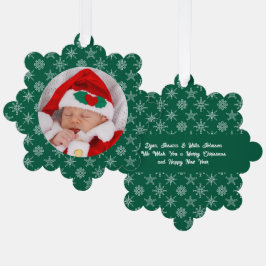 Custom Photo Santa Baby Snowflakes & Green Paper Ornament Karte