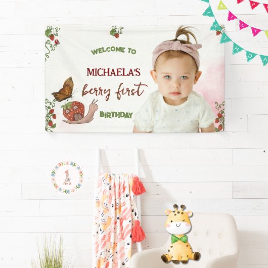 Custom Photo Strawberry 1st Birthday Welcome Sign Banner