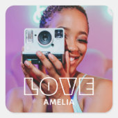 Custom Photo Text Retro Modern Love Quadratischer Aufkleber (Vorderseite)