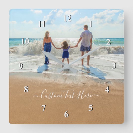 Custom Photo Text Wall Clock - Your Family Design Quadratische Wanduhr (Vorderseite)