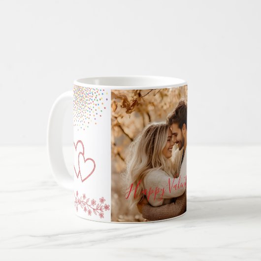 Custom Photo Valentine's Day Red Hearts & Florals Kaffeetasse (Vorderseite Links)