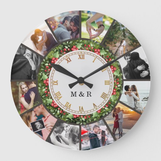 Custom Photos Collage Clock | Gift for Christmas Große Wanduhr (Vorderseite)