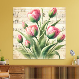 Custom Pink and Green Vintag Tulips Sheet Music Leinwanddruck