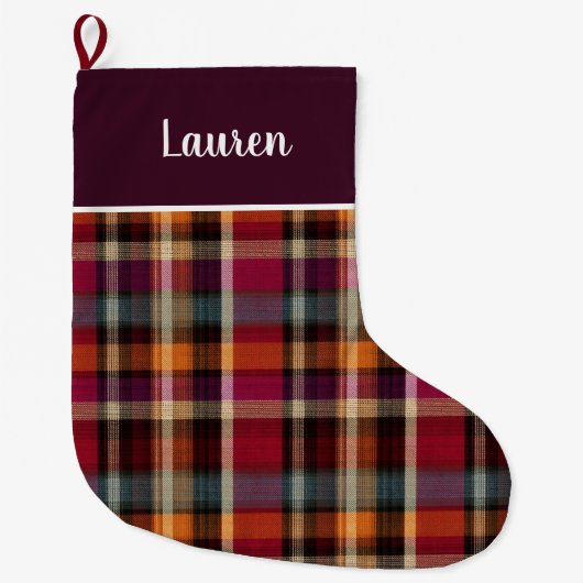 Custom Pink and Orange Plaid Gingham Pattern Großer Weihnachtsstrumpf (Vorderseite)