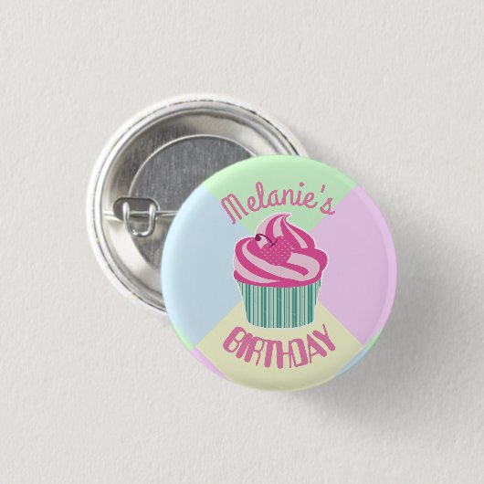 Custom Pink Birthday Cupcake Personalised Button (Vorne & Hinten)