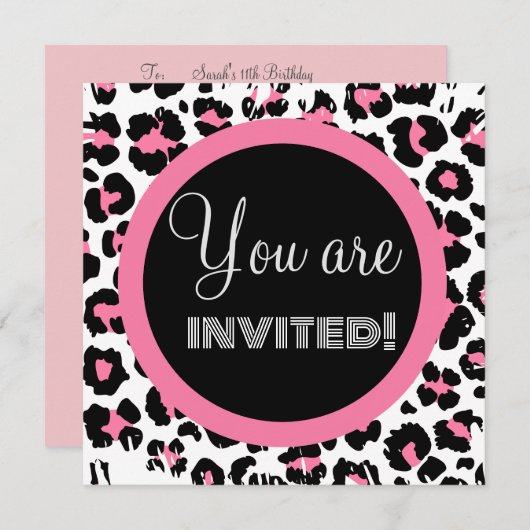 Custom Pink Black & White Cheetah Print Einladung (Vorne/Hinten)