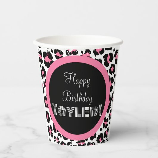 Custom Pink Black & White Cheetah Print Pappbecher (Vorderseite)