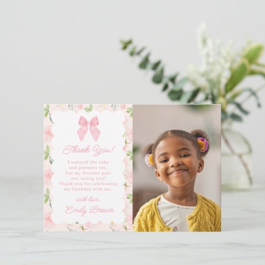 Custom Pink Bow Floral Coquette Ästhetisches Foto Dankeskarte (Stehend Vorderseite)