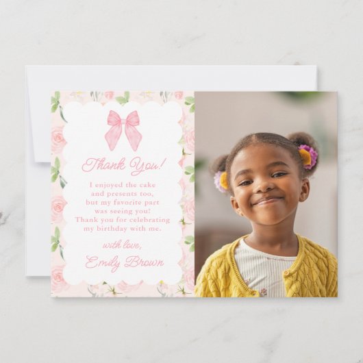 Custom Pink Bow Floral Coquette Ästhetisches Foto Dankeskarte (Vorderseite)
