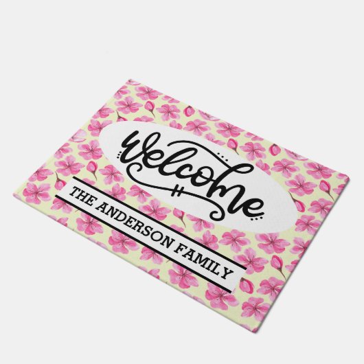 Custom Pink Cherry Blossom Blumenladen Willkommen Fußmatte (Schrägansicht)