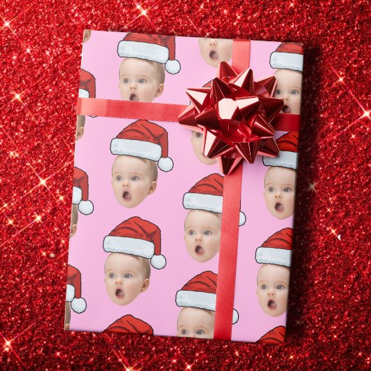 Custom Pink Christmas Face Photo Santa Hat Geschenkpapier